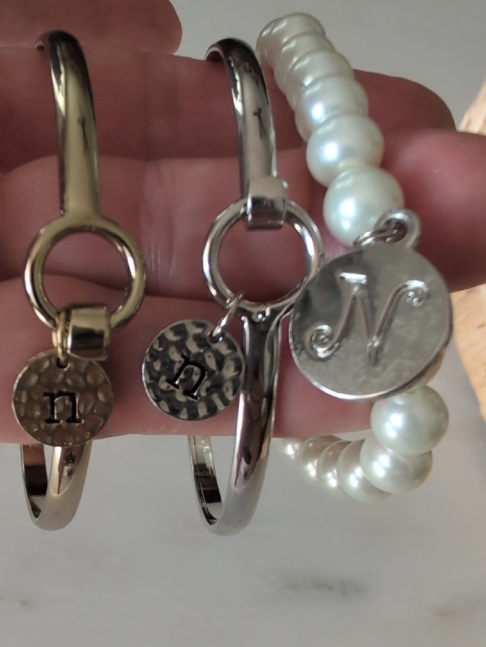 Personalized Initial Charm Bracelet Set - Gold, Silver & Pearl